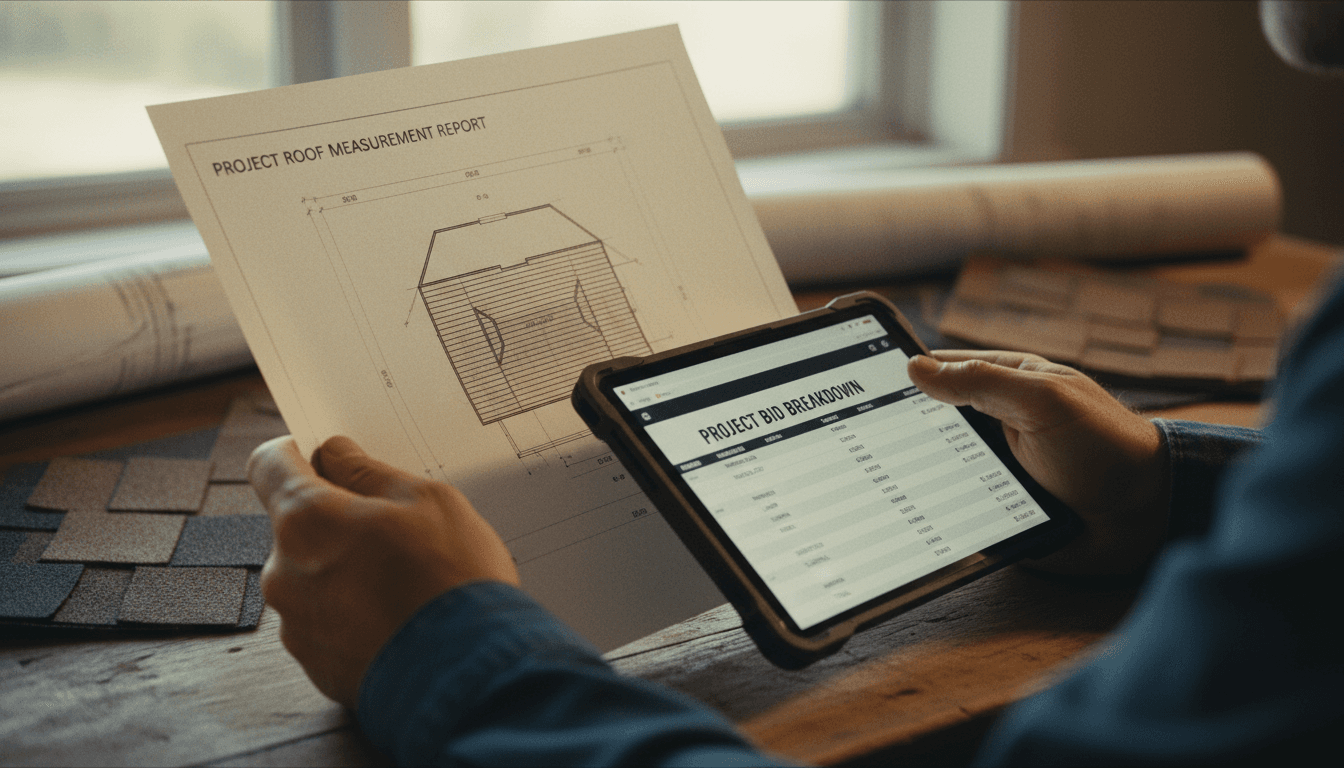 Contractor holding roof measurement report and viewing detailed bid breakdown on tablet